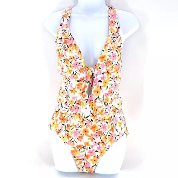 Jessica Simpson One-Piece Swimsuit M Orange Floral Keyhole Tie Summer Dreaming - Picture 1 of 4